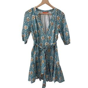 Oliphant Mini Dress XS Teal Gold Floral Block Print Cotton V-Neck Tie Waist